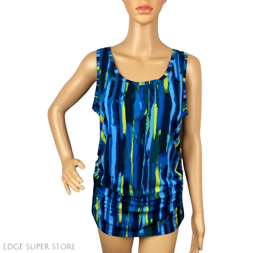 Kenneth Cole Dark Blue Neon Yellow Sleeveless Scoop Neck Blouse Top Size Medium